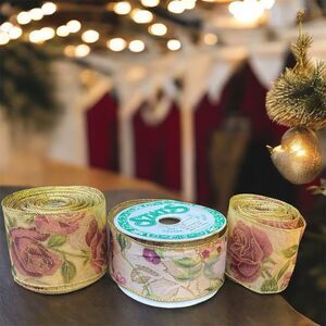 New Stats Gold Floral Wire Ribbon Three (3) Rolls Holidays Xmas Decor